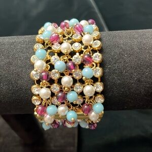 Arnold Scaasi Floral-mail Gold/Blue/Plum/Pearl Magnetic Clasp Bracelet